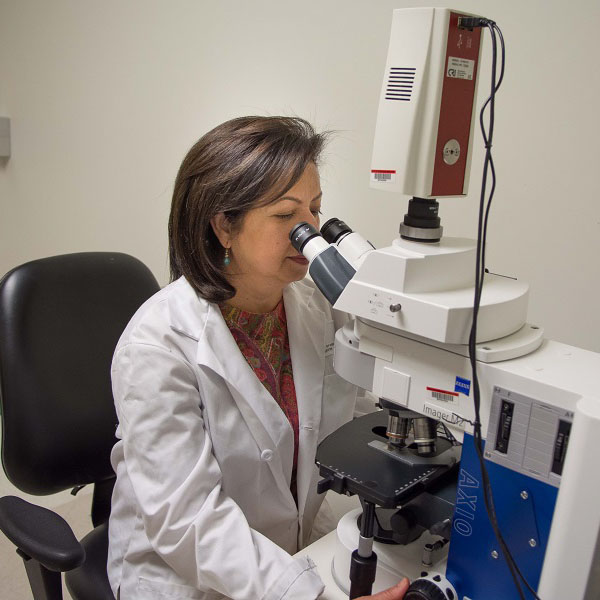 Dr. Shilpa Bulch at microscope in lab