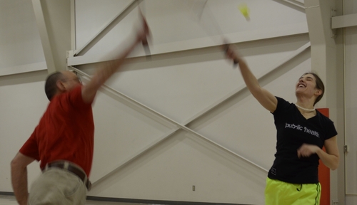 Gleb Haynatzki, Ph. D., a professor in the department of biostatistics, teamed with UNMC accountant Jenelle Pomicter in the College of Public Health's March Madness badminton event.