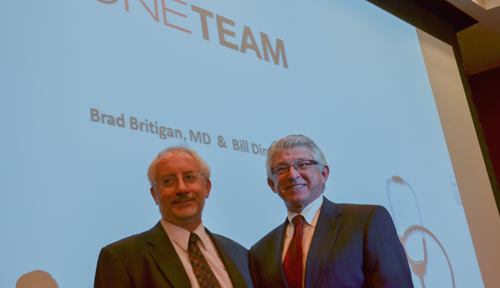 Bradley Britigan, M.D., clinical enterprise interim president, left, and Bill Dinsmoor, clinical enterprise interim CEO.