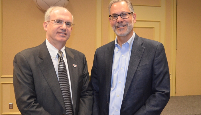 UNMC Chancellor Jeffrey P. Gold, M.D., left, and Lewis Sandy, M.D., executive vice president of clinical advancement for UnitedHealth Group.