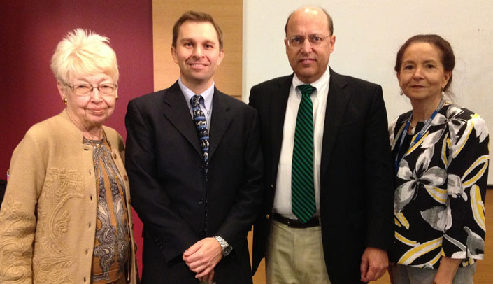 Helen Harman, wife of Denham Harman, M.D., Ph.D.; David Sinclair, M.D.; Mark Harman, M.D., physician in Tulsa, Okla., and son of Dr. Harman; and Jane Potter, M.D., chief of geriatrics and gerontology at UNMC.