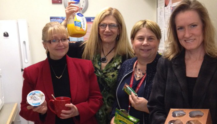 From left, Pam Welch, Deborah Hawkins, Linda Wilkie and  Jodi Ehrig of the vice chancellor for research's office enjoy the free breakfast they won by participating in this year's Hustle for Hunger. More than 90 people participated in the event, the most ever, and organizers called the 2014 campuswide food drive a success.