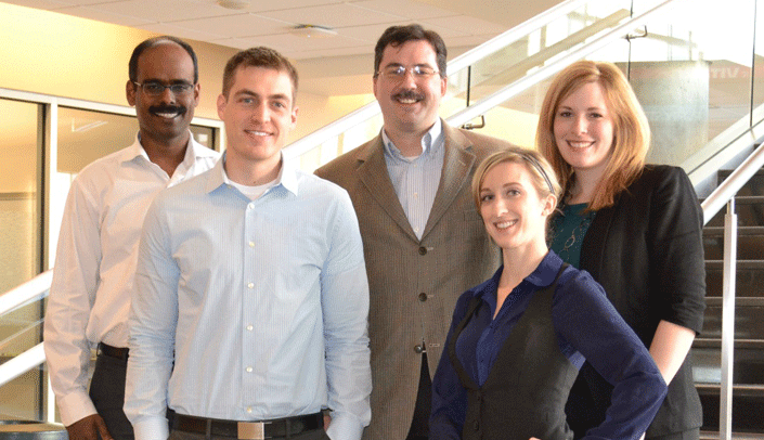 Members of Dr. Mott's laboratory are (left to right): Sathish Natarajan, Ph.D., Cody Wehrkamp, Justin Mott, M.D., Ph.D., Mary Anne Phillippi, and Ashley Mohr, Ph.D.