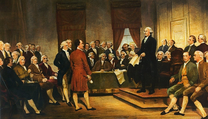 "Washington at Constitutional Convention of 1787, signing of U.S. Constitution," by Junius Brutus Stearns, 1856. (Wikimedia Commons)