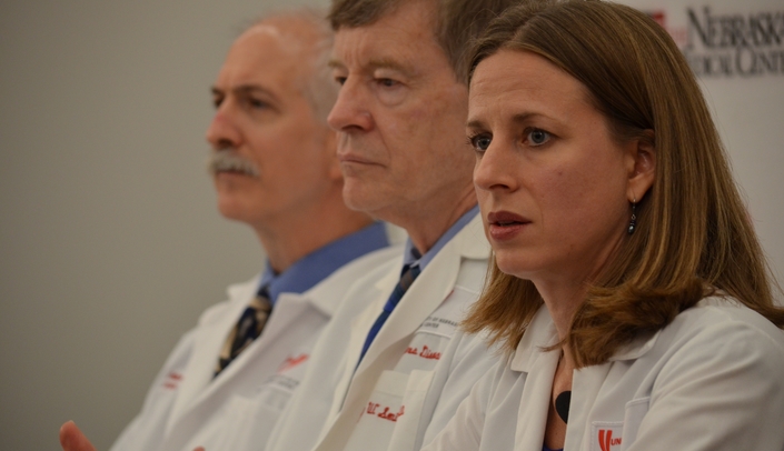 From left, Mark Rupp, M.D., Phil Smith, M.D., and Angela Hewlett, M.D., discuss The Nebraska Medical Center's readiness to safely treat a U.S. citizen who has been diagnosed with Ebola.