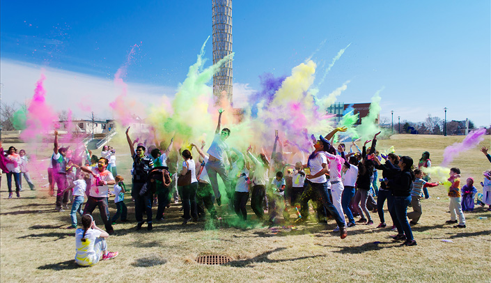 Colors flew everywhere at the Holi festival celebrated on the Ruth and Bill Scott Student Plaza.