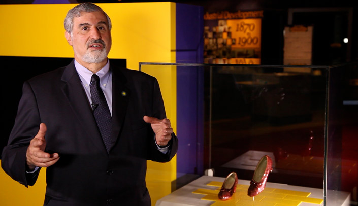 Historian Richard Kurin, Ph.D., and Dorothy's ruby slippers from "The Wizard of Oz," one (or two?) objects in "The Smithsonian's History of America in 101 Objects."
