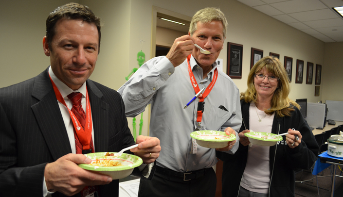 Cory Shaw, Frank Rutar and Crystal Slason were among the judges at Thursday's chili cookoff.