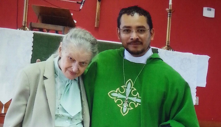Louisa Brokering, left, with Sergio Amaya, pastor of Iglesia Cristo Rey. The church will celebrate Brokering's life on Sunday, and her medical center friends are invited.
