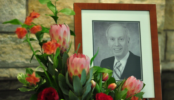 A photo of John Gollan, M.D., Ph.D., displayed at the memorial service.
