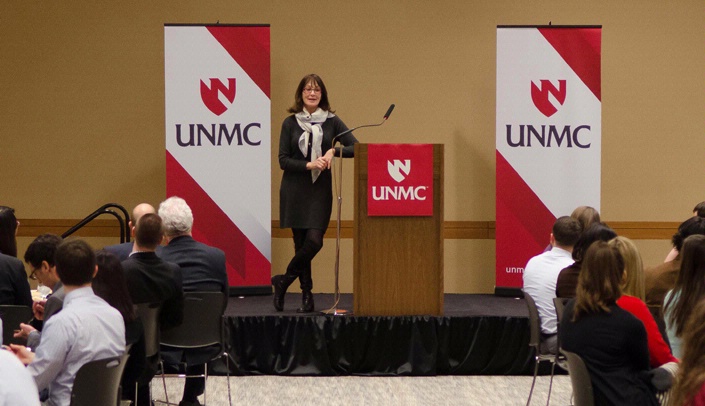 Nancy Snyderman, M.D., addresses a crowd at the Leadership Summit.