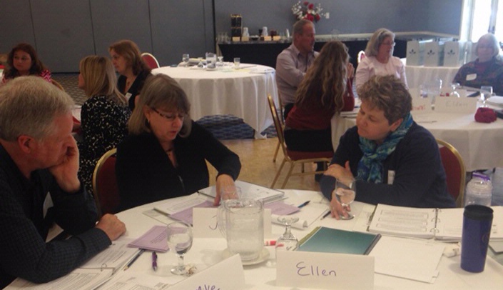 From left, Micheal Osberg from the Eastern Nebraska  Office on Aging, Ellen Bennet and Janet Miller, respite resource coordinators in Omaha from the Partnership in Caregiving, at the REST training program.