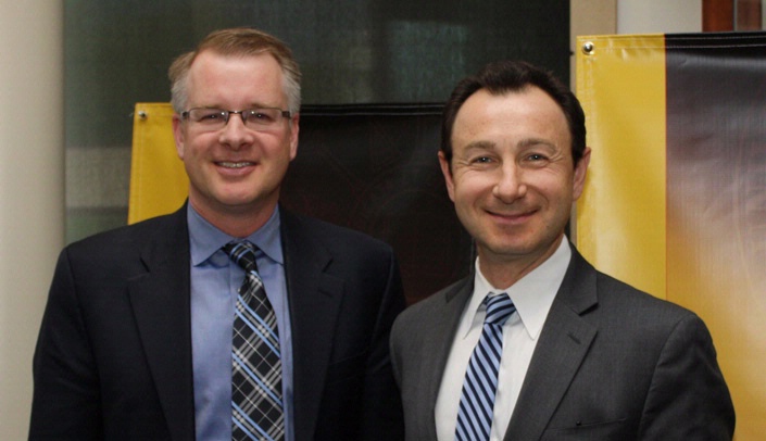 From left, Shane Farritor, Ph.D., Virtual Incision's co-founder and chief technology officer, and Dmitry Oleynikov, M.D., chief of minimally invasive surgery at UNMC and co-founder and chief medical officer of Virtual Incision. The University of Nebraska is among the top 100 universities univiersities worldwide in earning U.S. patents, including the patent for the robotic surgical device designed by Drs. Oleynikov and Farritor.