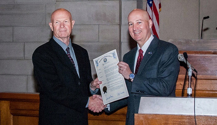 Nebraska Gov. Pete Ricketts presented James Temme, O'Malley Endowed Chair and associate director of radiation science technology education in the College of Allied Health Professions, with a proclamation commemorating Nov. 8-14 as "National Radiologic Technology Week." Temme accepted the proclamation on behalf of the state's radiologic technologists.