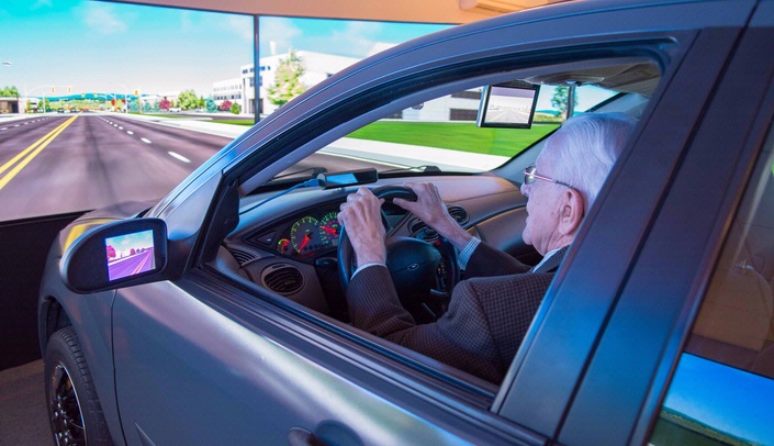 Marv Welstead, a 94-year-old Fremont, Neb. man, drives the SENSEI simulator.