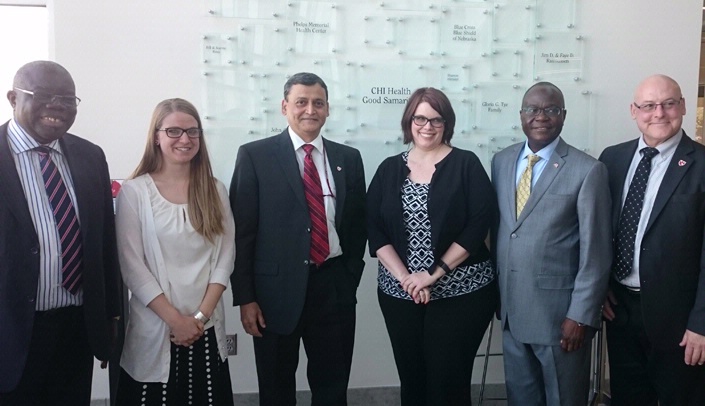 From left to right: Bockarie Kortu Stevens, Ellie Miller, UNMC College of Allied Health Professions, Dr. Panigrahi, Christina Jackson, UNMC College of Nursing Kearney Division, Jeremiah Sulunteh, and Greg Karst, UNMC College of Allied Health Professions.