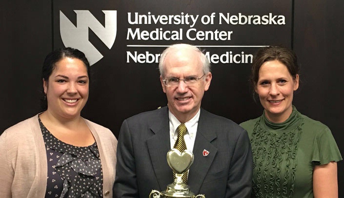 From left, Maggie McGlade, corporate event director, American Heart Association; UNMC Chancellor Jeffrey P. Gold, M.D., and Jennifer Redmond, Omaha Metro Executive Director, American Heart Association, Midwest Affiliate