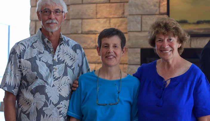 Rich and Carol Smiley of Tekamah, representing Sandra Stork's family, joined Barbara Robertson, center, at UNMC's celebration of the endowment of the Stork Robertson Medical Nutrition Scholarship.