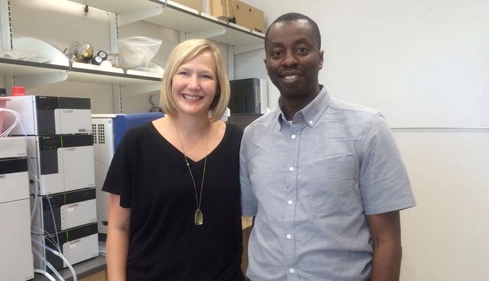 Dr. Scarsi's longtime collaborator, Mohammed Lamorde, M.B.B.S., Ph.D., right, who leads the clinical site, visited UNMC's campus earlier this summer.