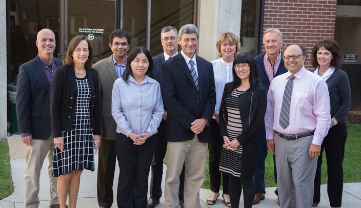 Some of the steering committee members of the Great Plains IDeA-CTR Network include: (left-right) Ted Mikuls, M.D., Ann Fruhling, Ph.D., Ashok Mudgapalli, Ph.D., Fang Yu, Ph.D., Jim McClay, M.D., Matt Rizzo, M.D., Mary Cramer, Ph.D., Shinobu Watanabe-Galloway, Ph.D., Risto Rautiainen, Ph.D., Howard Fox, M.D., Ph.D., and Karla Klaus. NOTE: Dr. Fruhling is from the University of Nebraska at Omaha. All others in the photo are from UNMC. Those UNMC steering committee members missing from the photo are: Paul Estabrooks, Ph.D., Lani (Chi Chi) Zimmerman, Ph.D.,  Jane Meza, Ph.D., and Babu Guda, Ph.D.