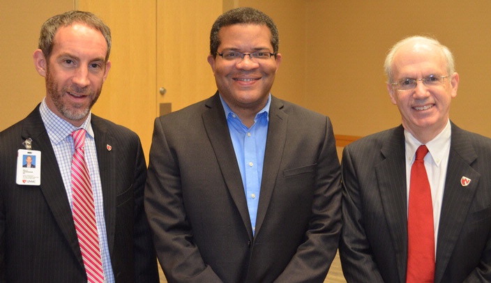 From left: Kelly Caverzagie, M.D., associate dean of educational strategy at UNMC and vice president of education at Nebraska Medicine; Anthony Iton, senior vice president of Healthy Communities of The California Endowment, California's largest, private health foundation; and UNMC Chancellor Jeffrey P. Gold, M.D.