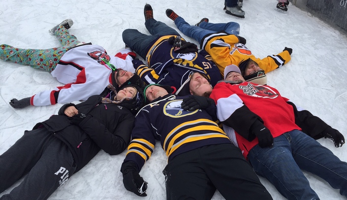 The six skaters who skated all 24 hours at this year's UNMC Skate-a-thon for Parkinson's "chill out" on the UNMC Ice Rink after completing their marathon skating effort.