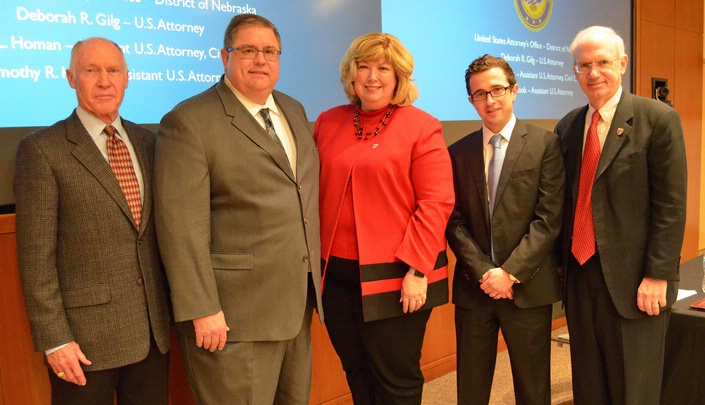 UNMC Chancellor Jeffrey P. Gold, M.D., right, welcomed U.S. Attorney Deborah Gilg, center, and, from left, assistant U.S. Attorneys Robert Stuart, Bob Homan and Tim Hook on a recent visit to campus.