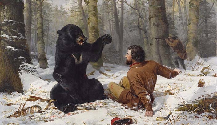 Arthur Fitzwilliam Tait (American 1819-1905), "A Tight Fix -- Bear Hunting, Early Winter (The Life of a Hunter: A Tight Fix)," 1856, oil on canvas