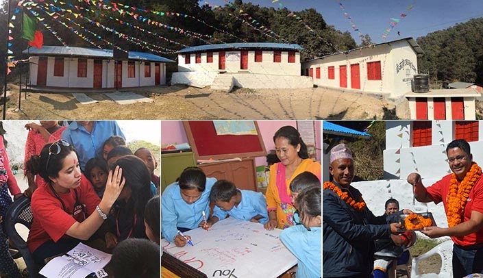 Images from Nepal: Clockwise from top, the completed school; UNMC's Atul Rayamajhi, right, hands over the key to the school to the principal, Ram Krishan Gotame; children make a "Thank You" banner to send to UNMC; and the health clinic.