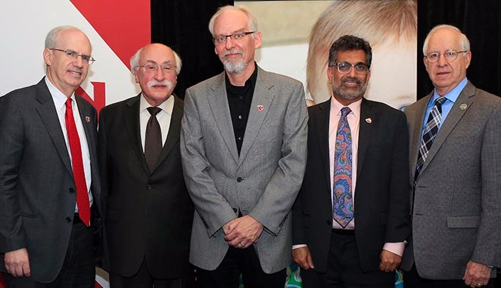 From left, UNMC Chancellor Jeffrey P. Gold. M.D., Sam Meisels, Ed.D., head of the Buffett Early Childhood Institute, David Dzewaltowski, Ph.D., the inaugural recipient of the Community Chair in Activity, Nutrition, and Obesity Prevention at UNMC and the Buffett Institute, UNMC College of Public Health Dean Ali S. Khan, M.D., M.P.H., and University of Nebraska Regent Bob Whitehouse at a May 3 welcome reception for Dr. Dzewaltowski held at UNMC.