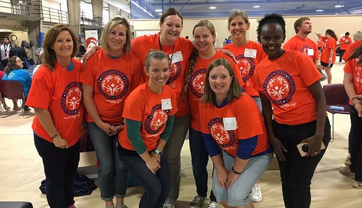 Munroe-Meyer Institute volunteers at Fun Fitness. From left to right, back Row: Amy Beyersdorf, Emily Drew, Bri Walbrecht, Liz Konopasek, Marne Iwand and Jackline Bartenge.
Front Row: Malinda Childers and Tricia Saxton.