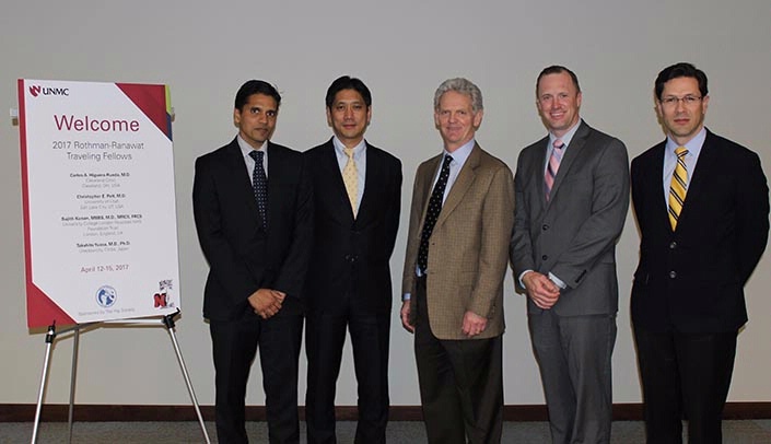 From left, Dr. Sujith Konan (University College Hospitals-London NHS Trust in London, UK), Dr. Takahito Yuasa (Juntendo University Urayasu Hospital in Urayasu, Japan), Dr. Kevin Garvin (chair, orthopaedic surgery, UNMC, and president, The Hip Society), Dr. Christopher Pelt (University of Utah, Salt Lake City), and Carlos Higuera-Rueda (Cleveland Clinic, Cleveland).