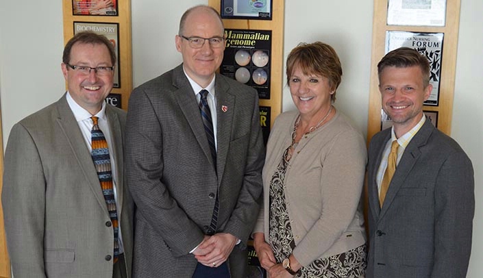 From left, Chris Kratochvil, M.D., associate vice chancellor for clinical research; Ken Bayles, Ph.D., associate vice chancellor for basic research; Shelly Schwedhelm, executive director of emergency preparedness at Nebraska Medicine; and John Lowe, Ph.D., assistant vice chancellor for interprofessional health security training and education.