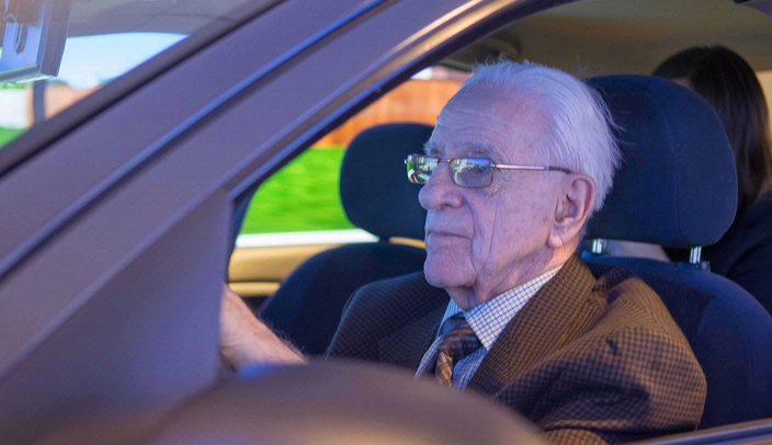 Marv Welstead, 96, has raised more than $100,000 over the past five years for Alzheimer's research at UNMC. His wife, Jean, died of Alzheimer's in 2009. Here Welstead is seen as he demonstrates the driving simulator in 2016 in the Mind and Brain Health Labs at UNMC.