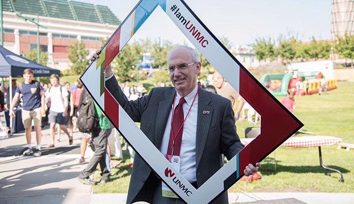 Chancellor Jeffrey P. Gold, M.D., attended the barbecue on the UNMC Omaha campus Wednesday.