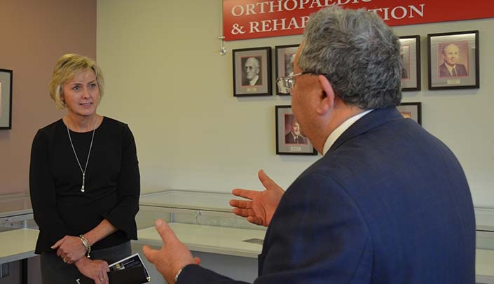 Sen. Lynne Walz, left, meets with Hani Haider, Ph.D., professor of orthopaedic surgery.