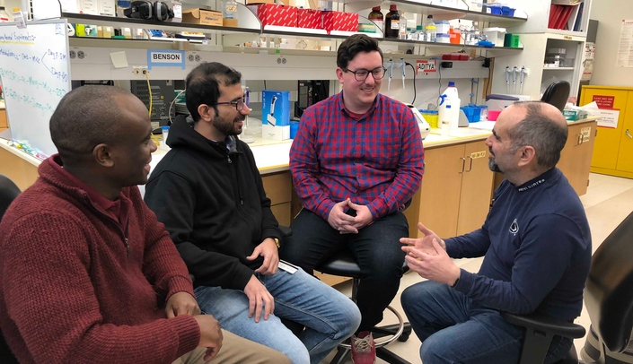 The four key researchers on the breakthrough that could eventually lead to an HIV cure were (left-right) Benson Edagwa, Ph.D., Aditya Bade, Ph.D., Brady Sillman, and Howard Gendelman, M.D.