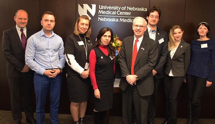 UNMC Chancellor Jeffrey P. Gold, M.D., meets with the visiting Ben Nelson Fellows. From left, Alexander Khilkov, Veniamin "Ben" Bezruchenko, Diana Tarasova, Sofya Oganesyan, Dr. Gold, Vasiliy Osipov, Natalya Ryzhakova and Irina Fonina.