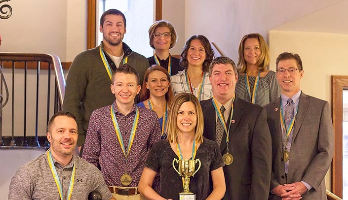 The College of Allied Health Professions repeated as champions in the small business corporate team division of the annual WELLCOM Trek up the Tower on Feb. 17.