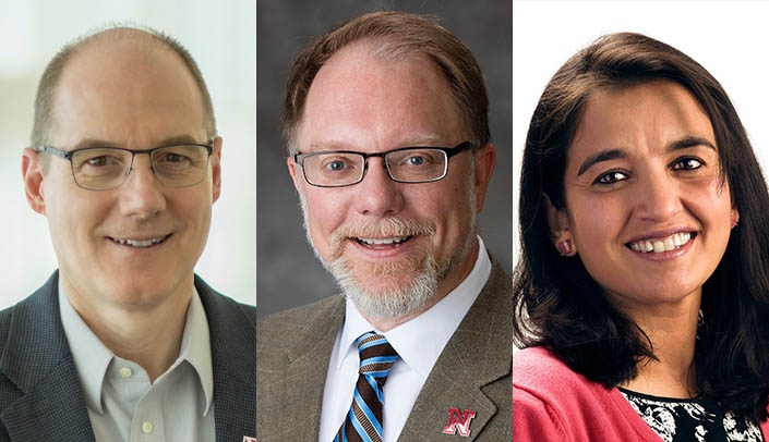 From left, Ken Bayles, Ph.D., of UNMC; Mark Riley, Ph.D., of the University of Nebraska-Lincoln; and Harshini Mukundan, Ph.D., of Los Alamos National Laboratory.