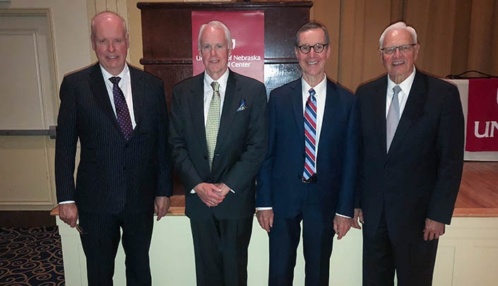 From left, UNMC Department of Otolaryngology-Head and Neck Surgery Chair Dwight Jones, M.D., Dan Lydiatt, M.D., Don Leopold, M.D., and Anthony Yonkers, M.D., were joined by faculty, alumni and other guests at the resident graduation/reunion.