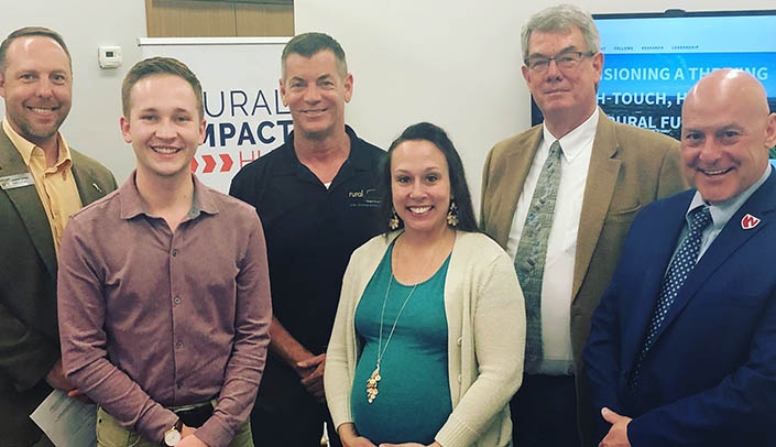 From left, Shawn Kaskie, fellows coordinator, Rural Futures Institute, Brent Comstock of Rural Impact Hub, Kyle Ryan, Ph.D., Athena Ramos, Ph.D., Marty Fattig and Greg Karst, Ph.D.