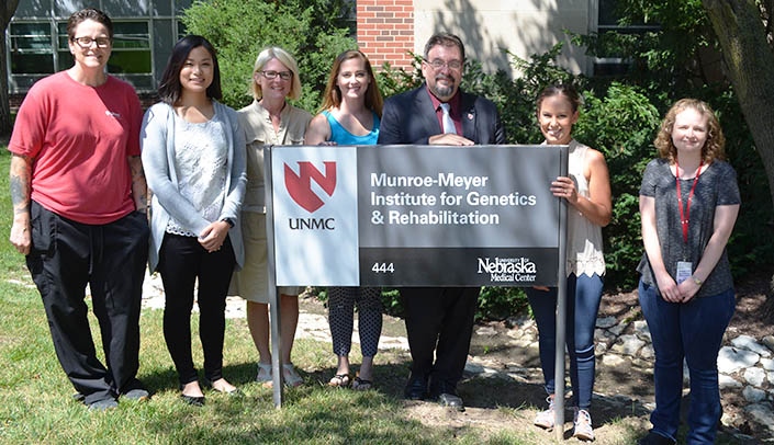 From left, Emily Rief, Yuka Collison, Susan Keen, Kelsey Tourek, Karoly Mirnics, M.D., Ph.D., Taya Zagurski, and June Standout Regina Carroll, Ph.D.