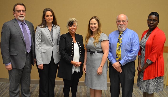 Speakers at the event included, from left, Dan Hoyt, Ph.D., Rachel Wenzel, Lisa Sample, Ph.D., Megan Singleton, J.D., Bruce Gordon, M.D., and Stancia Jenkins.