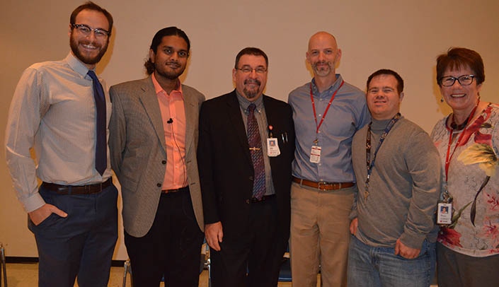 From left, Student Alliance for People of All Abilities vice president Max Lydiatt, president Shaker Dukkipati, MMI Director Karoly Mirnics, M.D., Ph.D., Brad Corr, D.P.T., Justin Bainbridge and Kim Bainbridge.