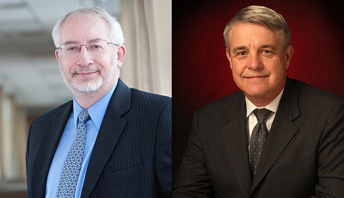 From left, Bradley Britigan, M.D., dean of the UNMC College of Medicine, and Jim Linder, M.D., CEO of Nebraska Medicine.