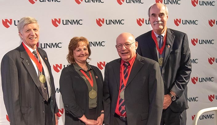 From left, 2018-19 Varner Educator Laureate James O'Dell, M.D., 2017-18 Varner Educator Laureate Karen Honeycutt, Jerald Varner, Ph.D., and 2018-19 Varner Educator Laureate Paul Paulman, M.D.