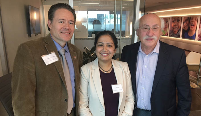 Shreya Roy, a doctoral student in health services research, administration, and policy in the UNMC College of Public Health, is a 2018-19 Buffett Institute Graduate Scholar. From left: Fernando Wilson, Ph.D., associate professor at UNMC and Roy's faculty mentor; Roy; and Samuel Meisels, Ed.D., executive director of the Buffett Early Childhood Institute.