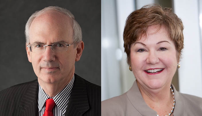 Chancellor Jeffrey P. Gold, M.D., left, and Juliann Sebastian, Ph.D., dean of the UNMC College of Nursing, will speak at Monday's "Campus Conversation."