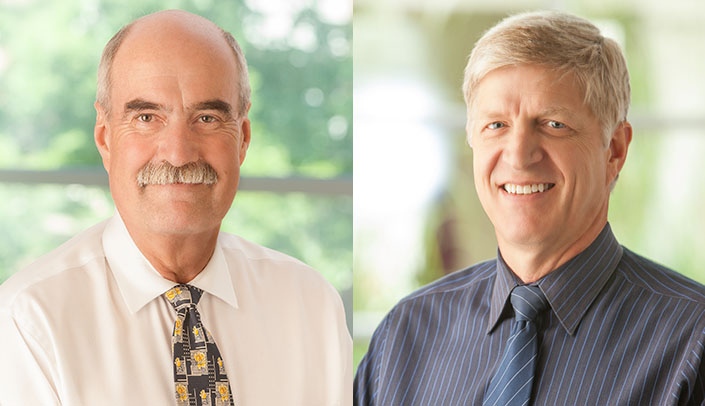Paul Paulman, M.D., (left) and James O'Dell, M.D., received UNMC's top award for educators being named the Varner Educator Laureates for 2018-19.